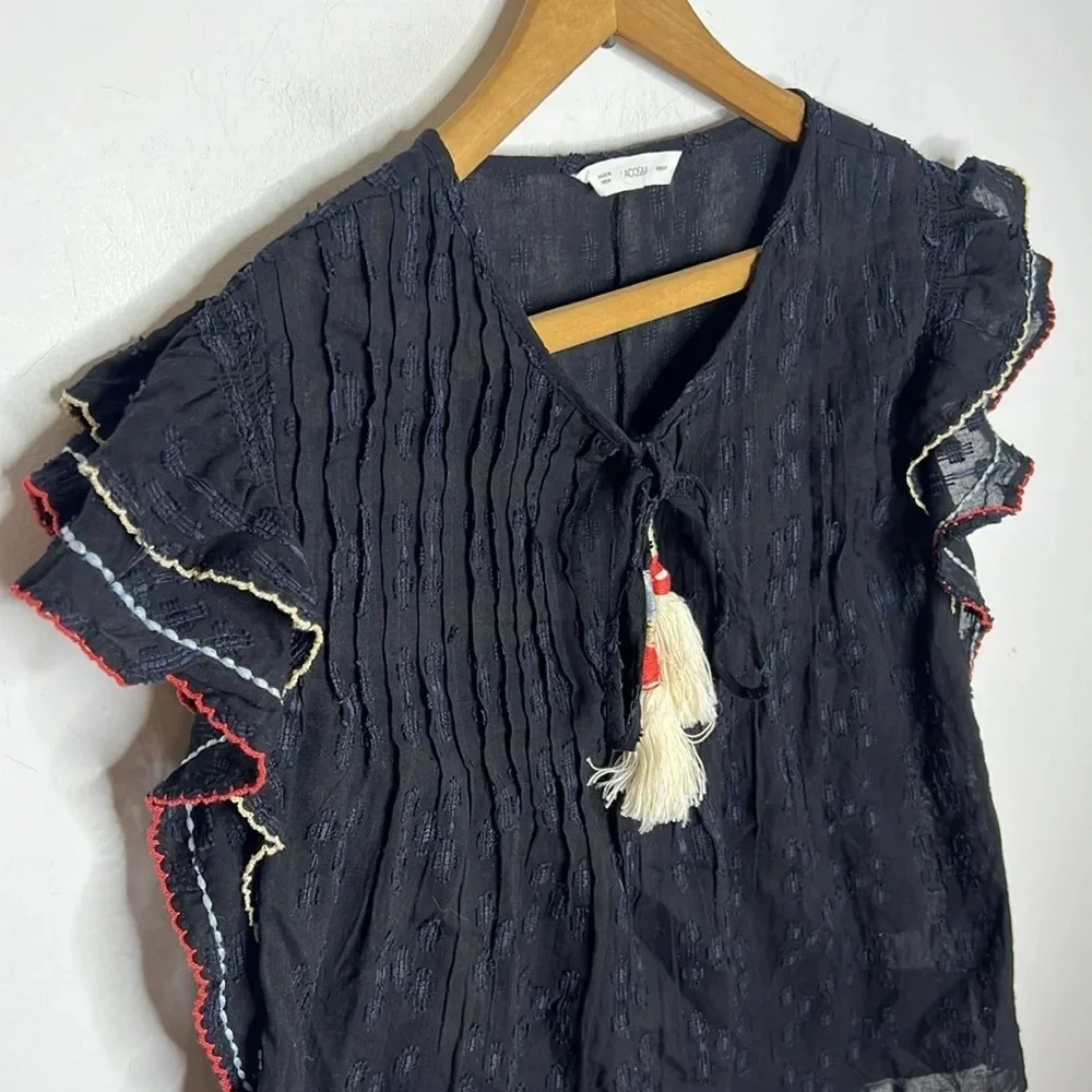ACOS&A Black Ruffle Sleeve Boho Blouse Tassel Tie Textured Top M